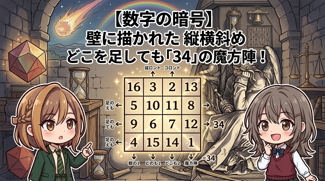 【数字の暗号】壁に描かれた縦横斜めどこを足しても「34」の魔方陣！
